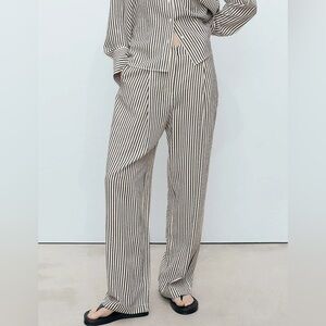 Mango elasticated waist staight wide leg stripe pants in mono stripe size large